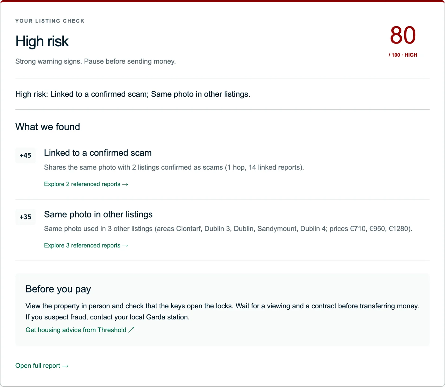 ScamRing rental listing check with a demonstration risk verdict and the signals contributing to it.